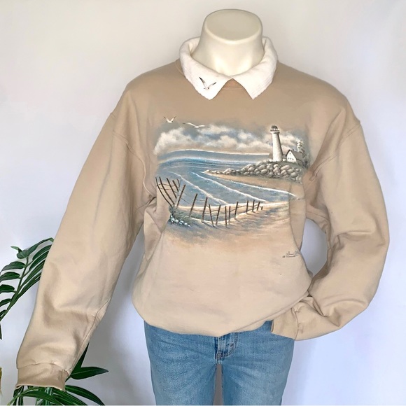 Vintage Sweaters - v i n t a g e :: Nautical Coastal Collared Morning Sun Graphic Sweatshirt